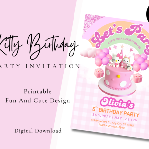 Canva Editable Kitty Birthday Invitation, Digital Birthday Template, Cute Pink Birthday Cake Theme Girl Birthday Party