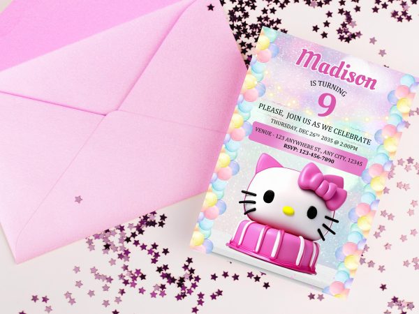 Pink Kitty Cake Theme Birthday Party Invitation Editable Canva Template