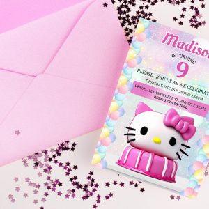 Pink Kitty Kawaii Cake Theme Birthday Party Animated Digital Invitation