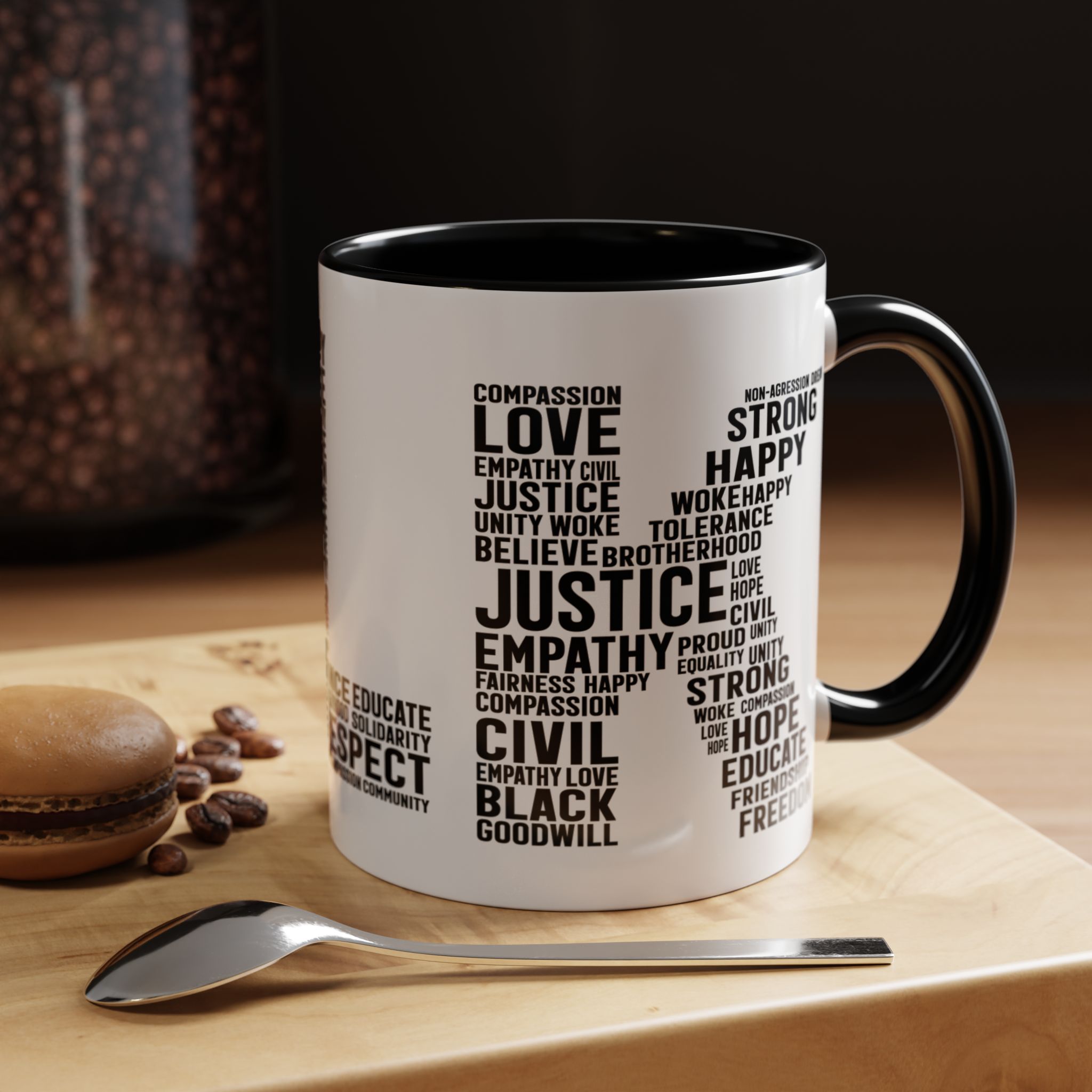 justice word cloud accent coffee mug — black & white inspirational 11/15oz justice word cloud accent coffee mug — black & white inspirational 11/15oz