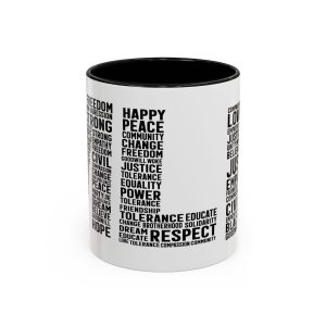justice word cloud accent coffee mug — black & white inspirational 11/15oz