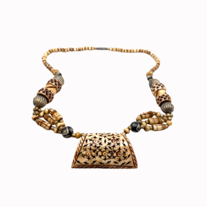 Vintage Carved Bovine Bone & Silver Bead Geometric Tribal Statement Necklace