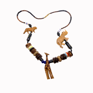 Hand Carved African Animal Giraffe Lion Rhino Wood and Glass Bead Statement Necklace