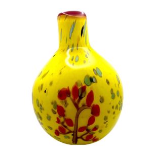 Hand-Blown Murano Style Art Glass Vase Vibrant Yellow with Red Tree Motifs & Colorful Swirls