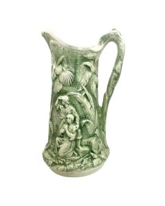 Green Parian Ware Pitcher Vase: Paul & Virginia Relief Jug, Victorian Literary Art