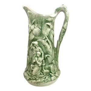 Green Parian Ware Pitcher Vase: Paul & Virginia Relief Jug, Victorian Literary Art