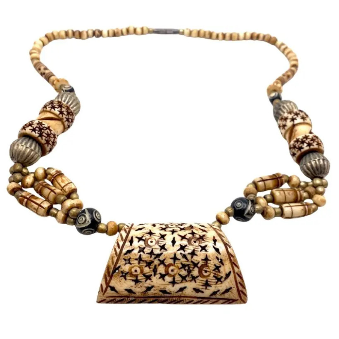 Vintage Carved Bovine Bone & Silver Bead Geometric Tribal Statement Necklace