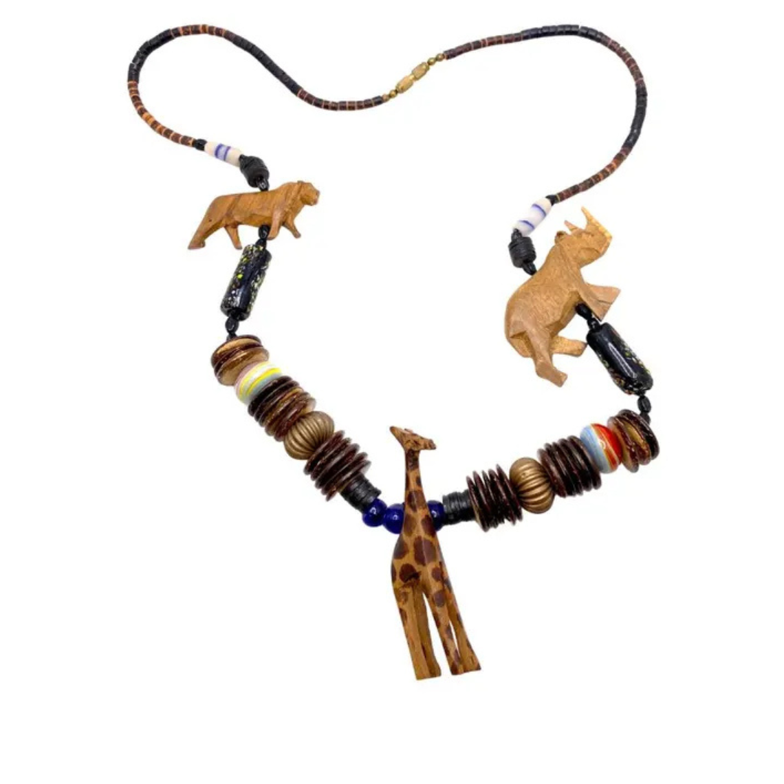 Hand Carved African Animal Giraffe Lion Rhino Wood and Glass Bead Statement Necklace